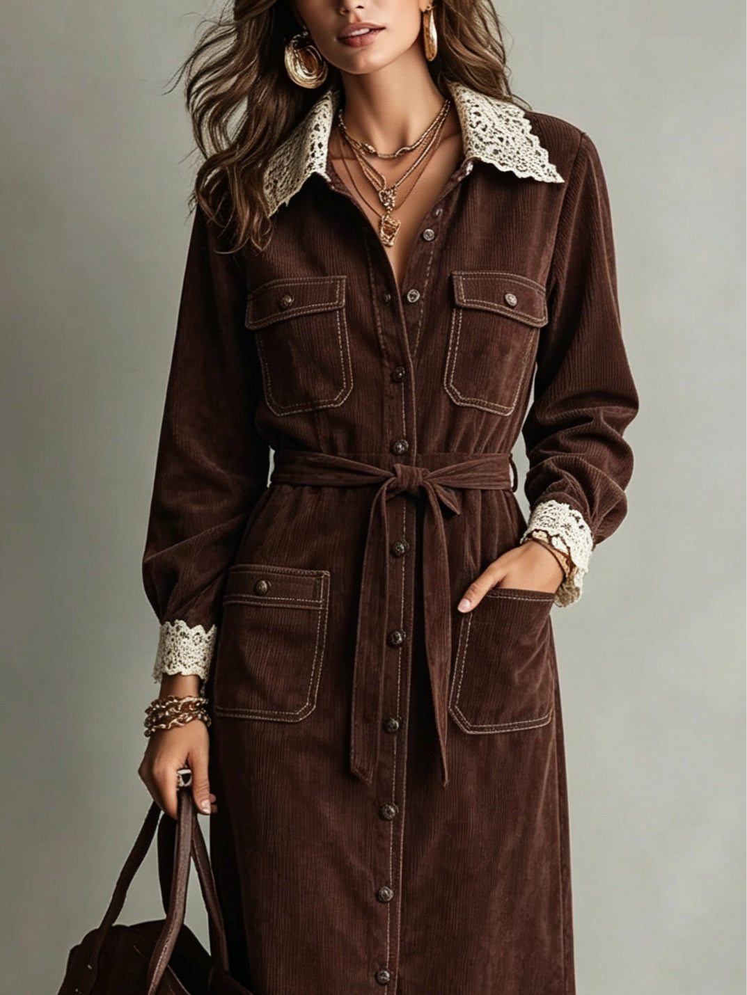 Brown Corduroy Lace Collar Shirt Dress