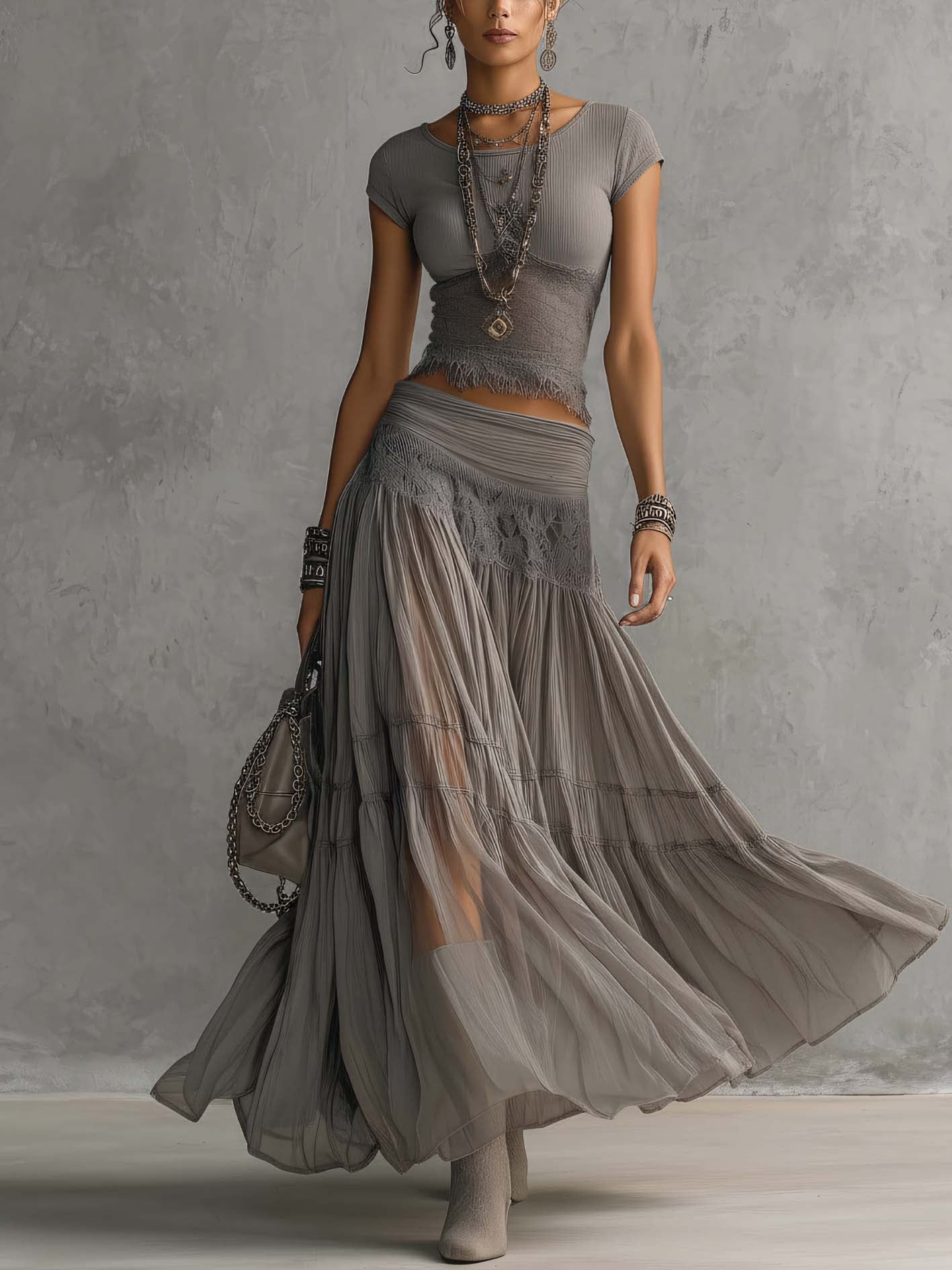 Grey Sheer Lace Paneled Top and Pleated Maxi Skirt Set