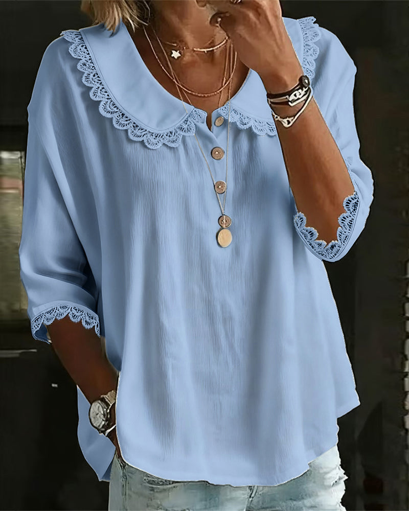 Blouse with Lace Insert Peter Pan Collar