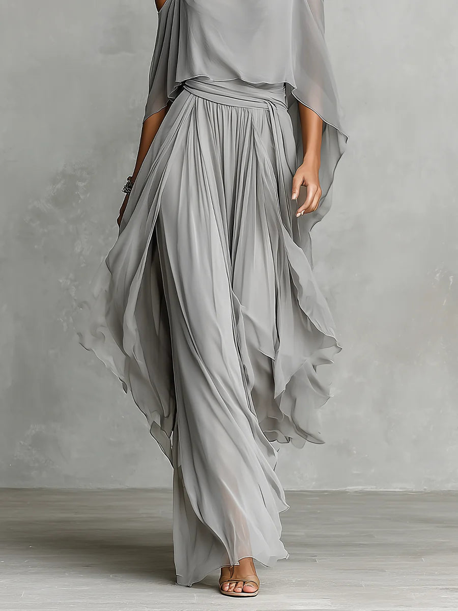 Grey Off Shoulder Flowy Camisole and Trousers Chiffon Set