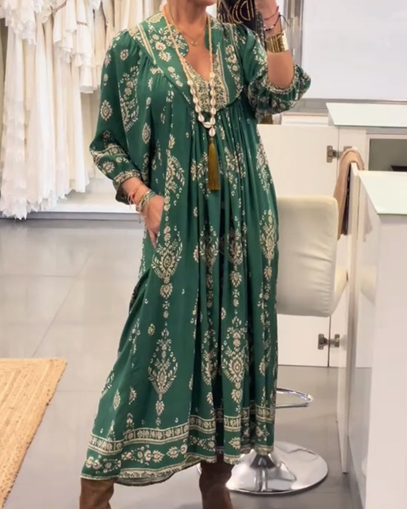 Casual Printed Dress with Loose Pockets