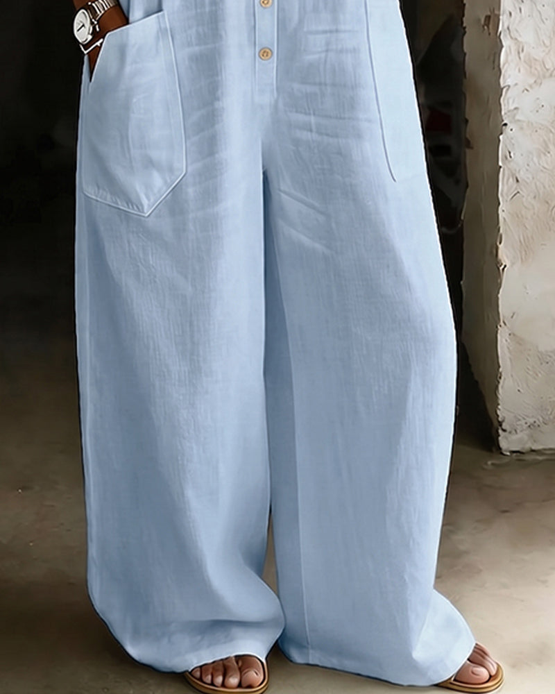 100% Cotton Casual Lapel Jumpsuit Wide Leg