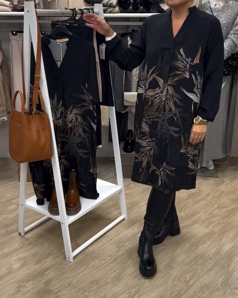 Dress V-neck Leaf Print Long Sleeve