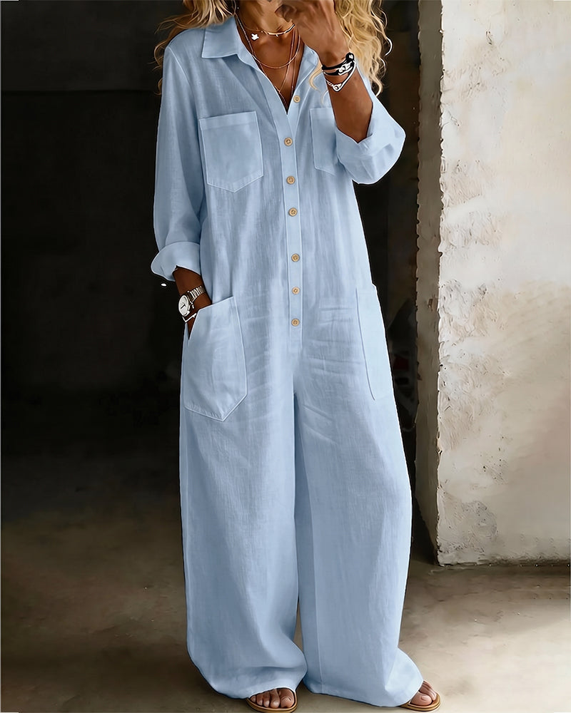 100% Cotton Casual Lapel Jumpsuit Wide Leg
