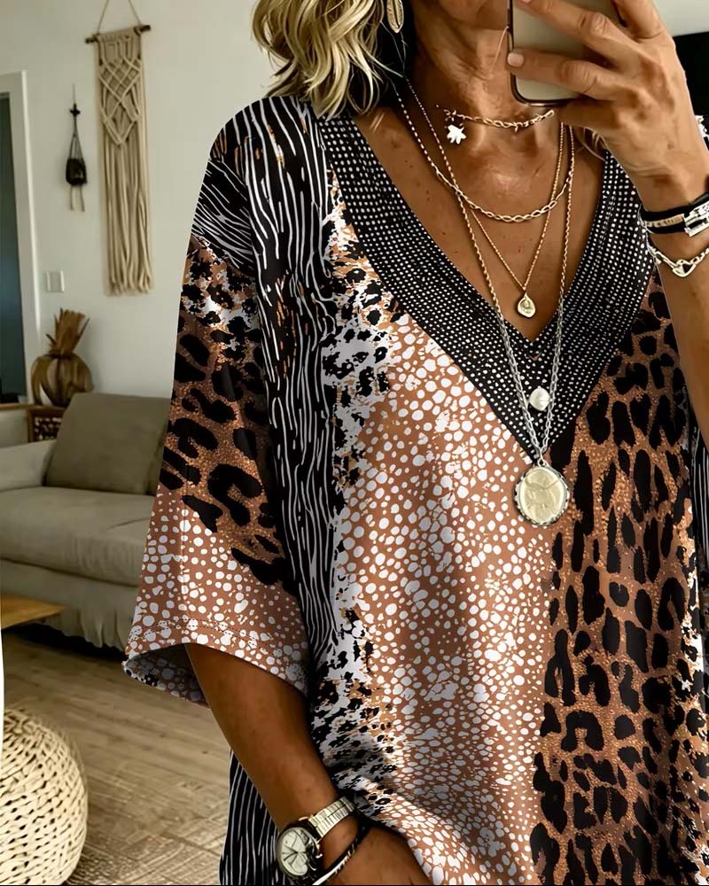 Top V-Neck Leopard Print Color Block