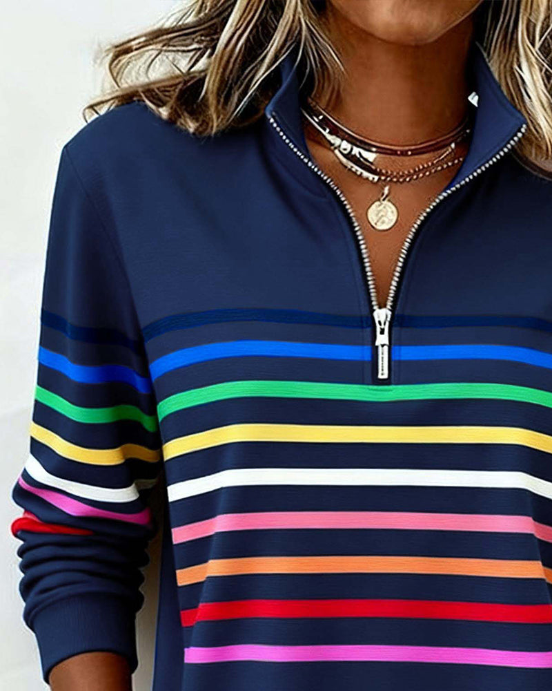 Mode Sweatshirt with Half Zip and Rainbow Stripes