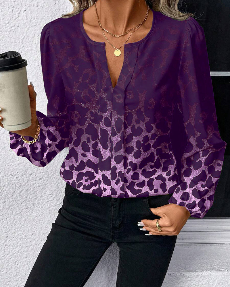 Shirt Puff Sleeve Gradient Leopard Print