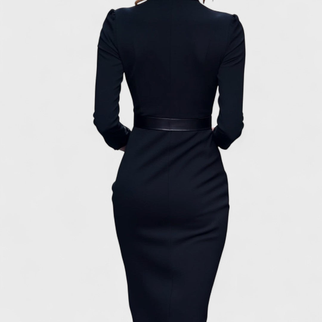 Mandarin | Elegant Black Dress with Belt and Mandarin Collar