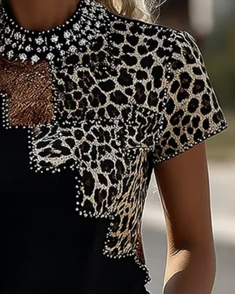 Leopard Patchwork T-Shirt with Peter Pan Collar and Short Sleeves