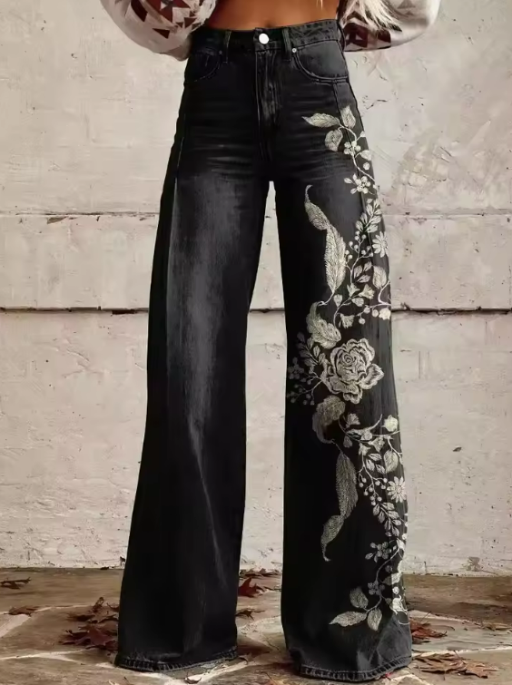 Katherine | Artistic Floral Wide-Leg Denim