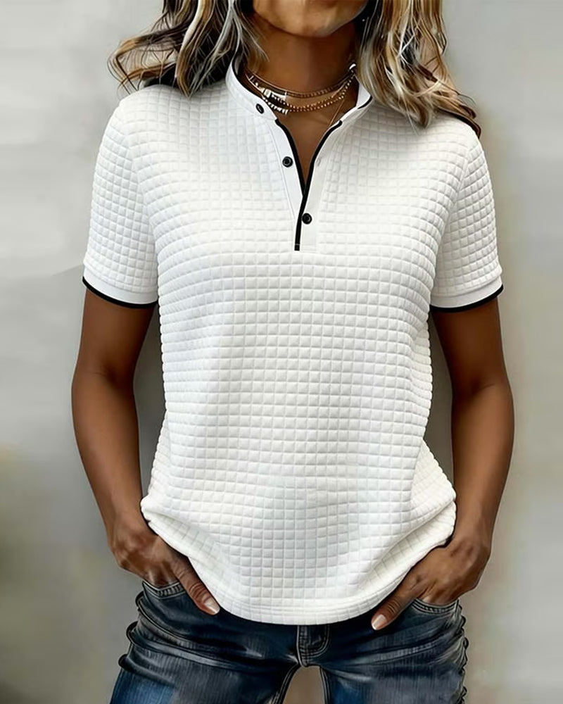 Buttoned Ribbed Jersey Top Short Sleeves