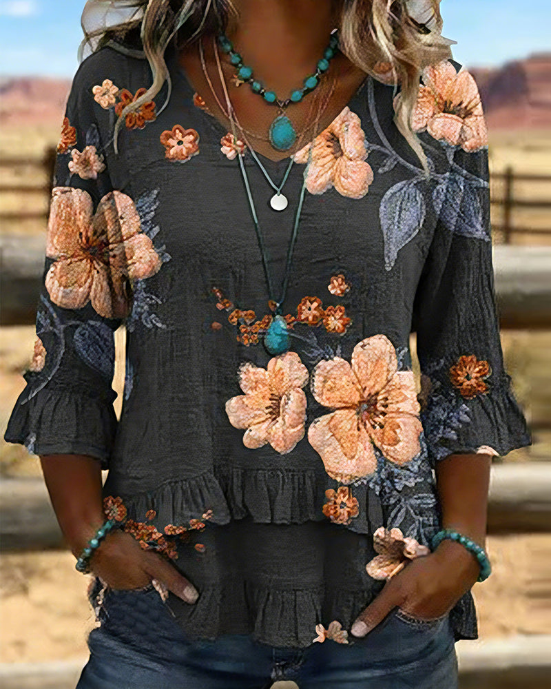 Vintage Floral V-Neck Blouse Loose Fit