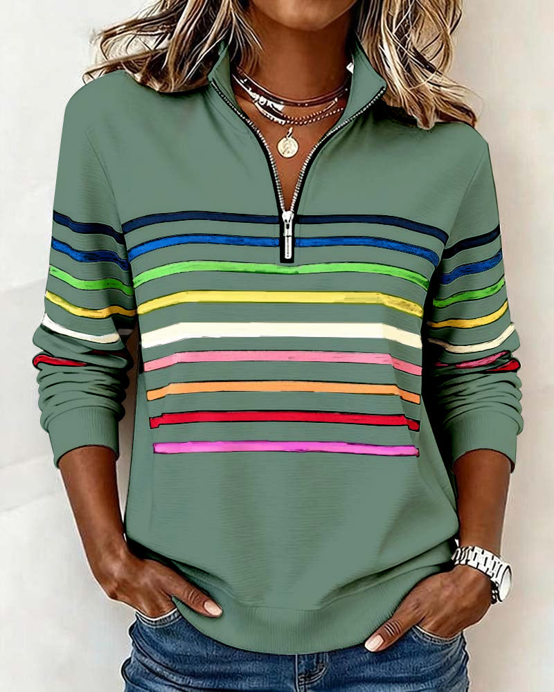 Mode Sweatshirt with Half Zip and Rainbow Stripes