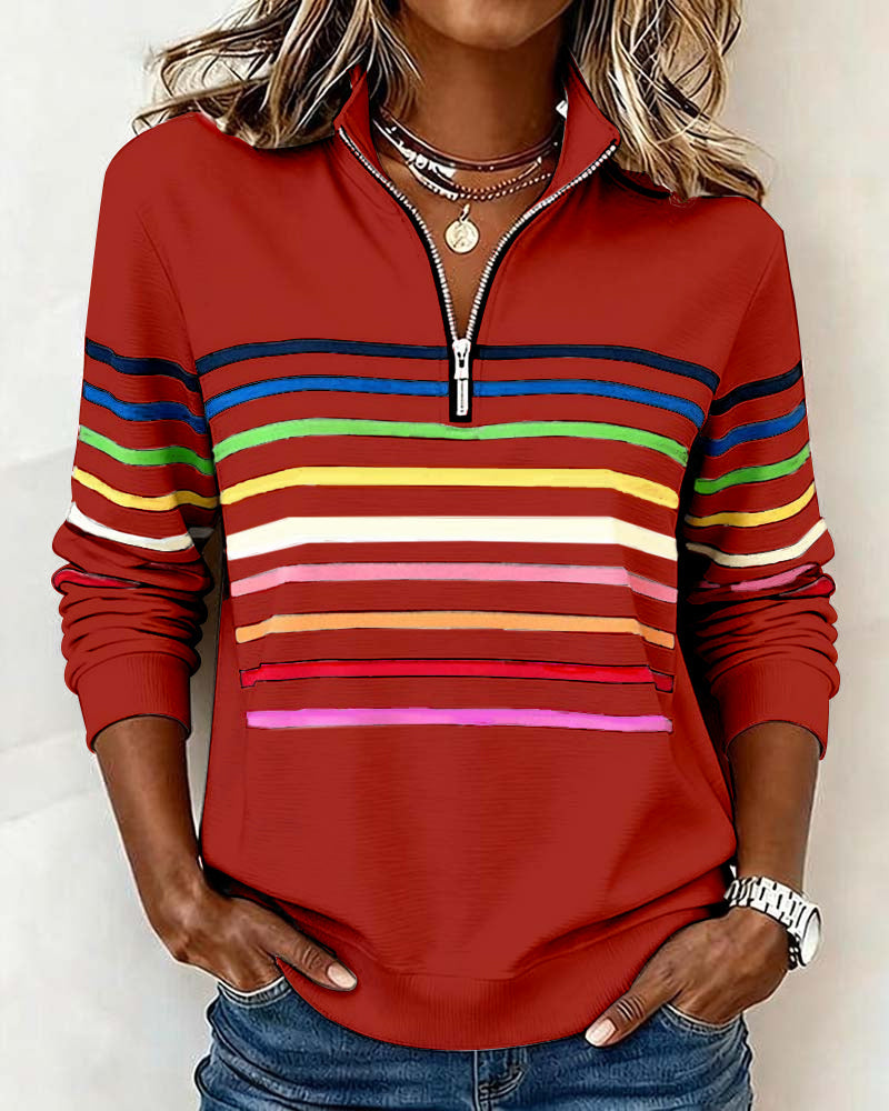 Mode Sweatshirt with Half Zip and Rainbow Stripes