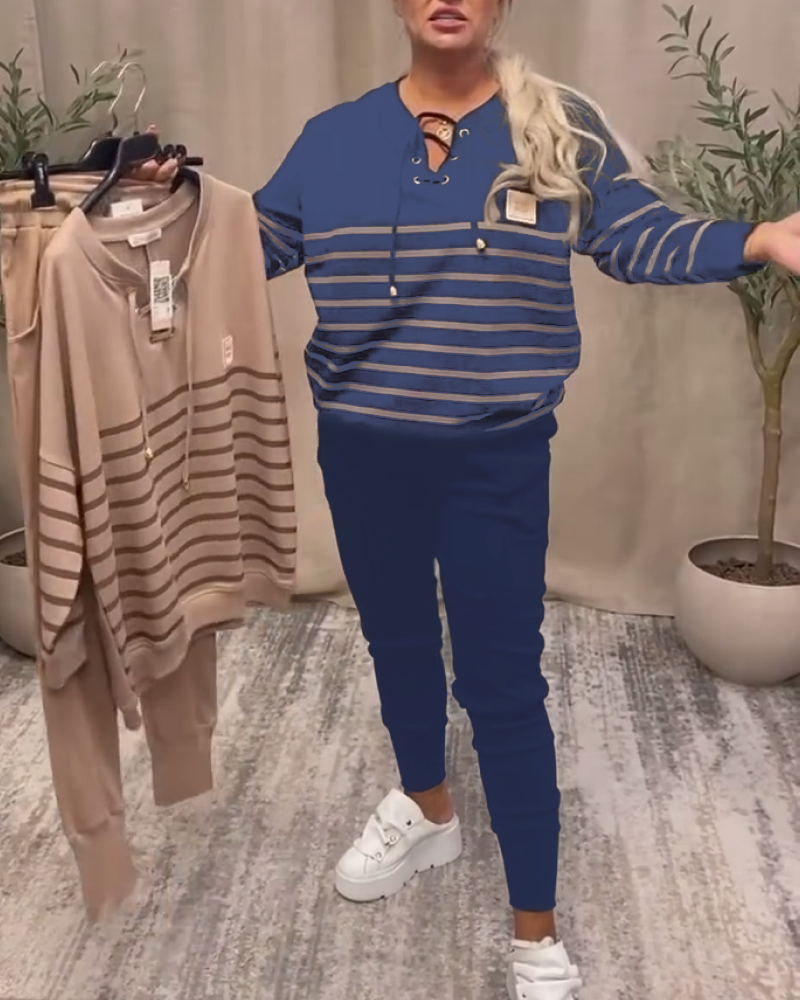 Casual Striped Sports Set with Relaxed Ankle Pants