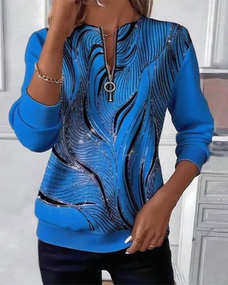 Casual Zip Print Sweatshirt