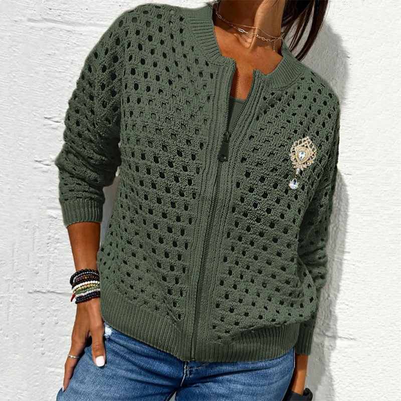 Casual Zip-Up Cardigan for Women with Hollow Design