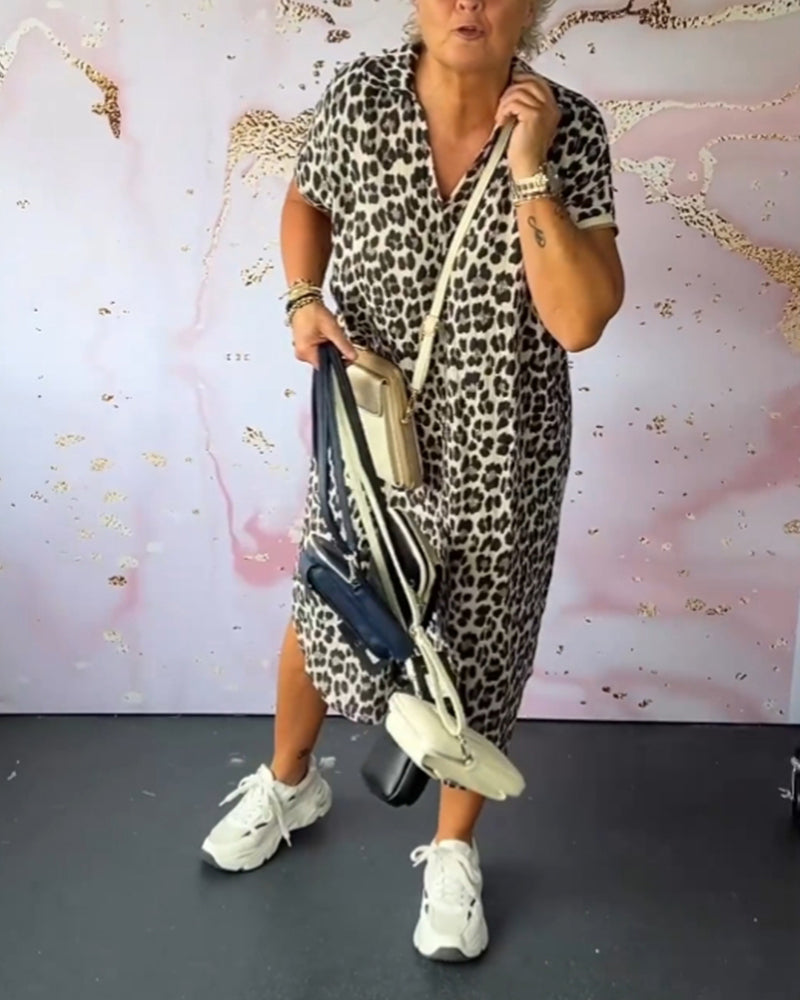 Short-Sleeved V-Neck Leopard Print Dress