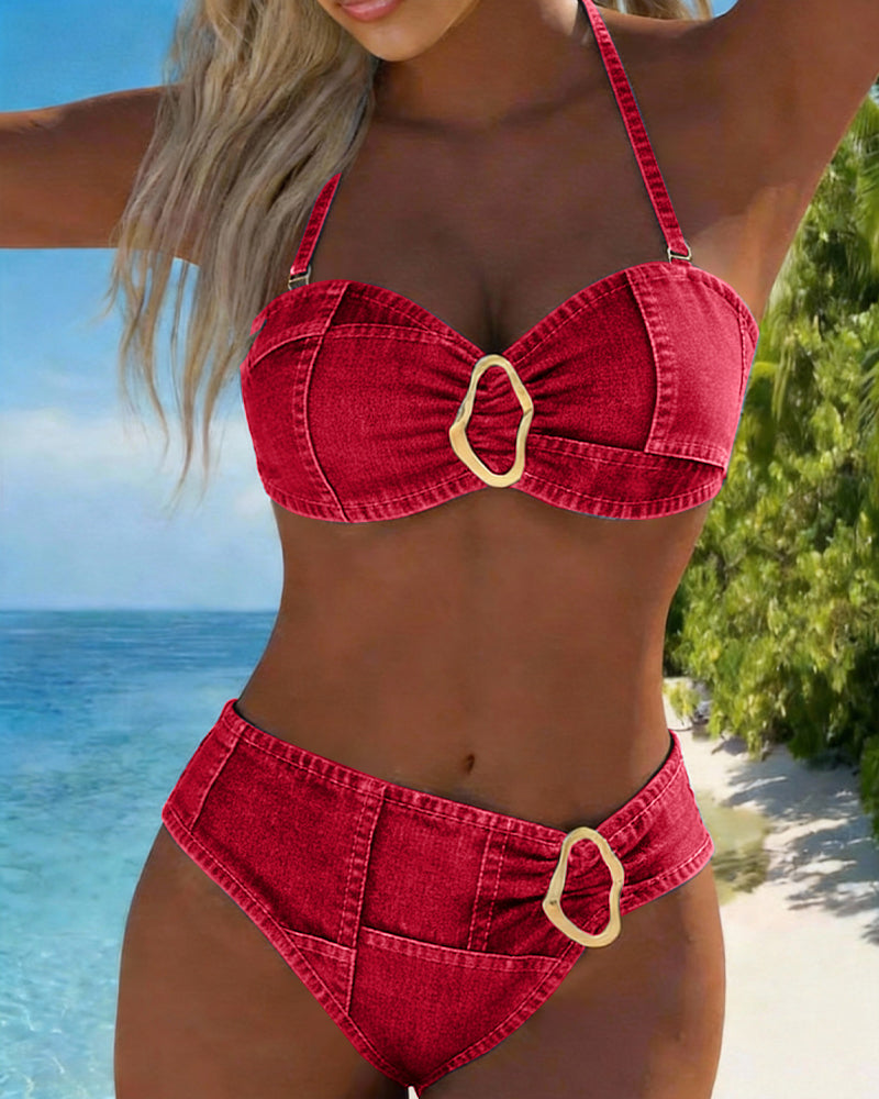 Metal Buckle Suspender Bikini Two-Piece
