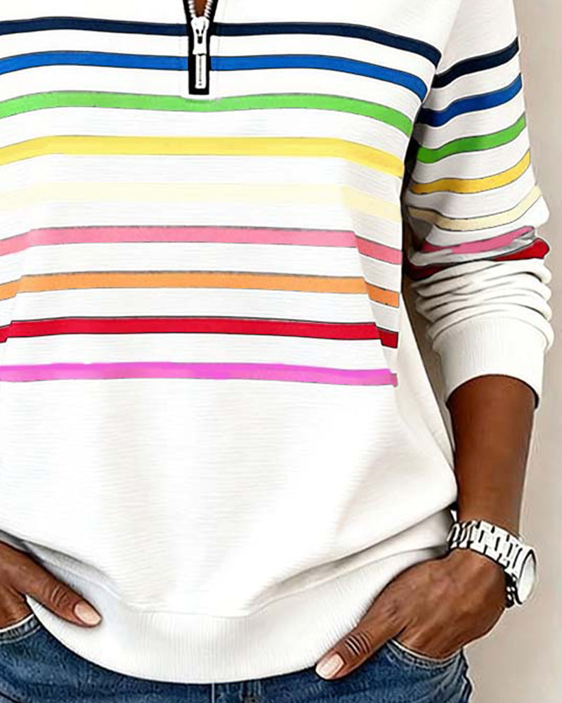 Mode Sweatshirt with Half Zip and Rainbow Stripes