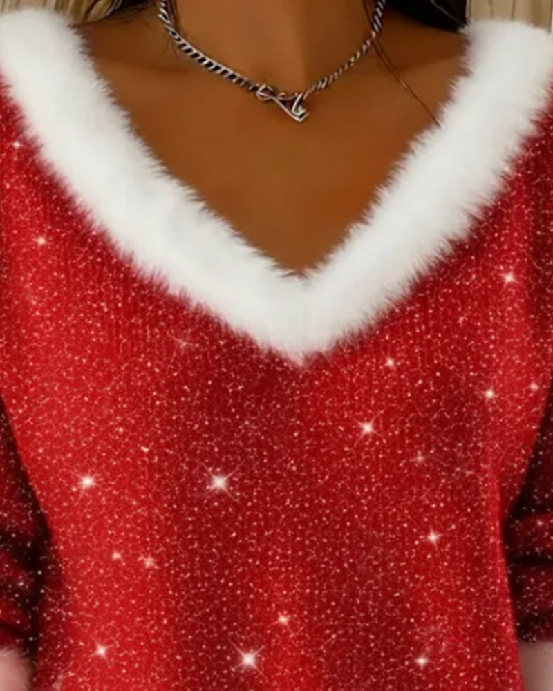 Trendy Shiny Fur V-Neck Sweater
