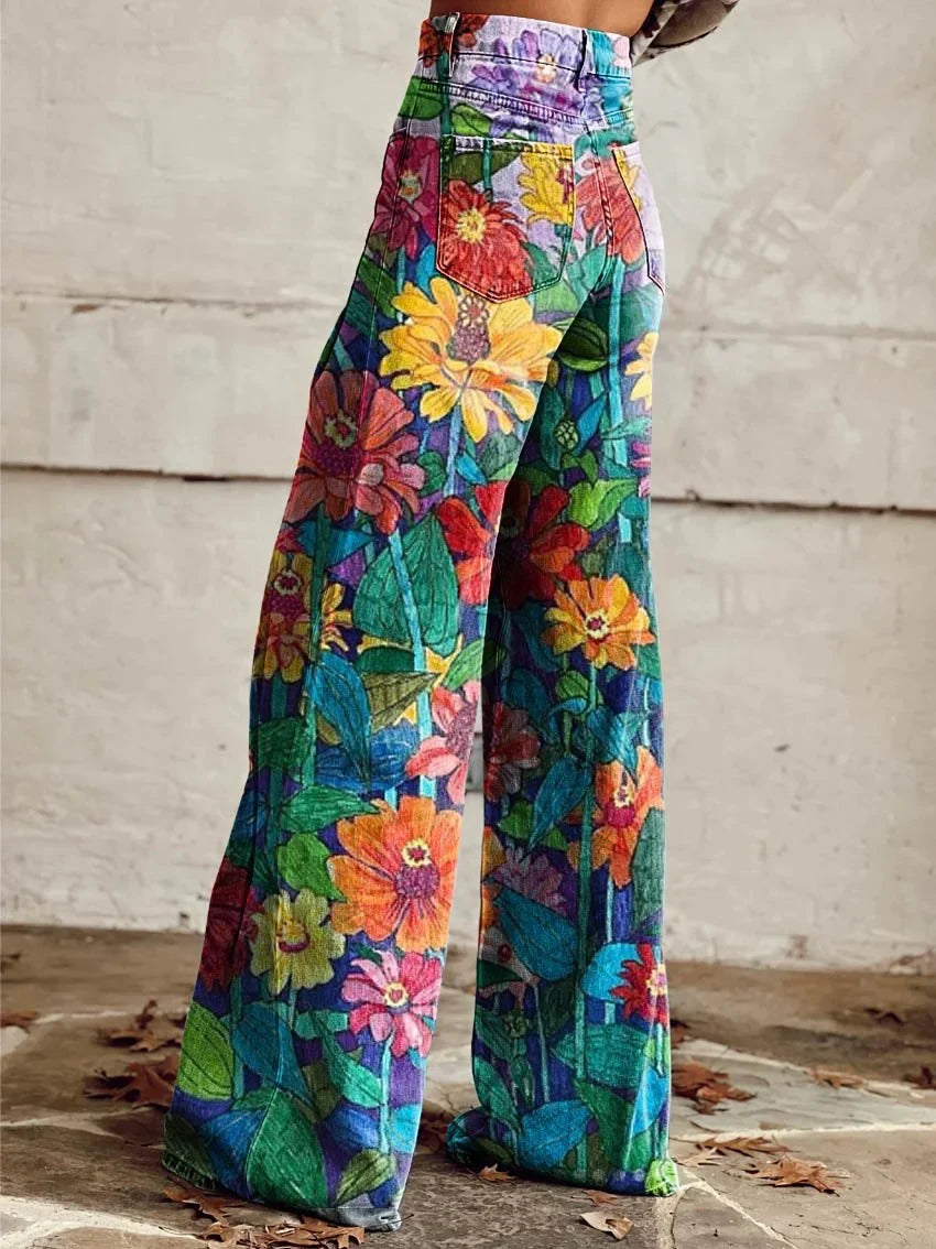Flora | Artistic Pattern Wide-Leg Denim Pants