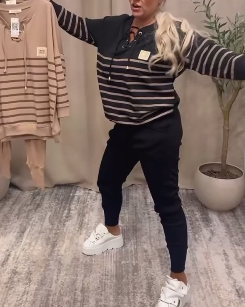 Casual Striped Sports Set with Relaxed Ankle Pants