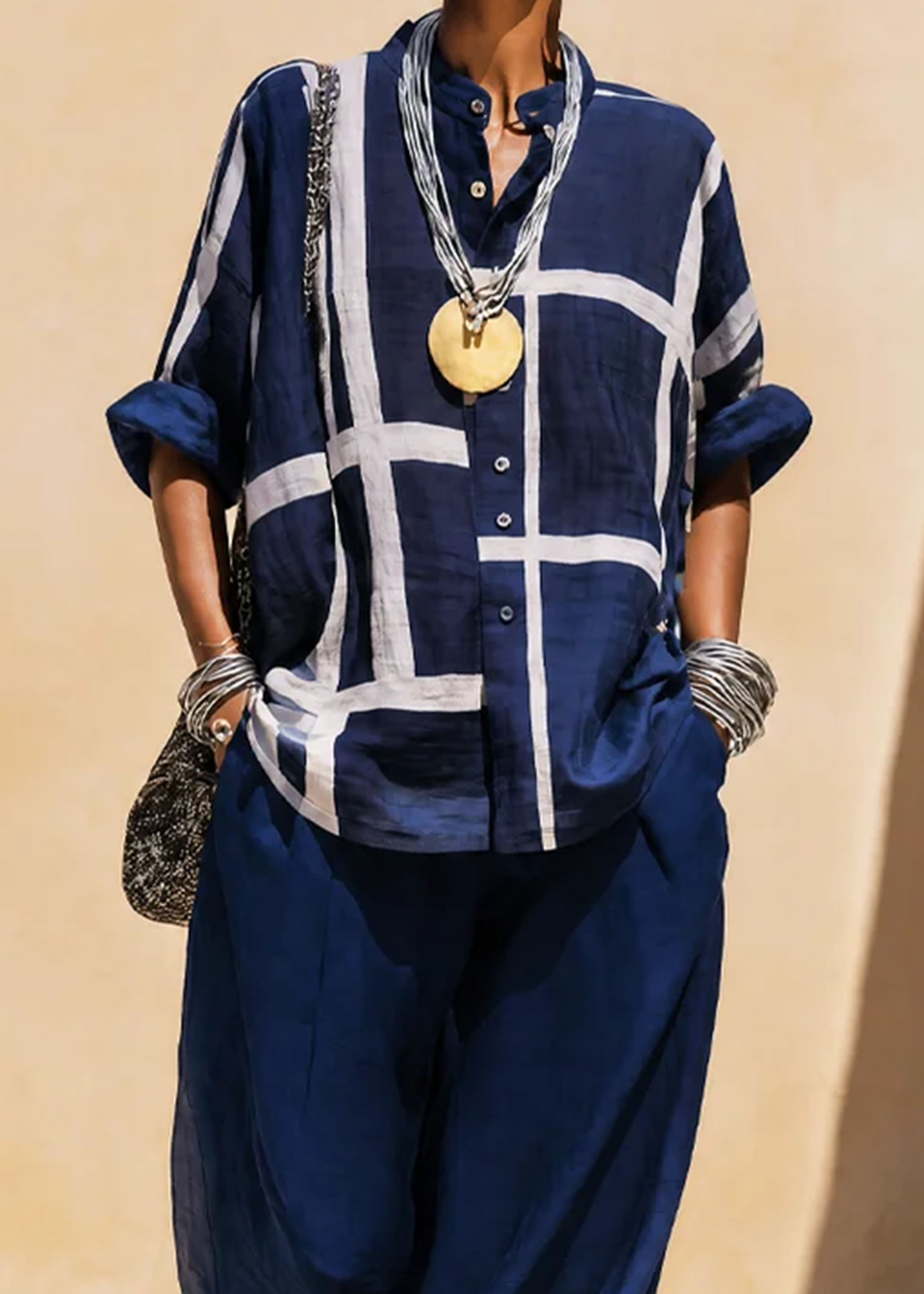 Navy Blue Loose Shirt Casual Pants Set