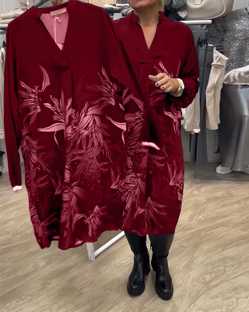 Dress V-neck Leaf Print Long Sleeve