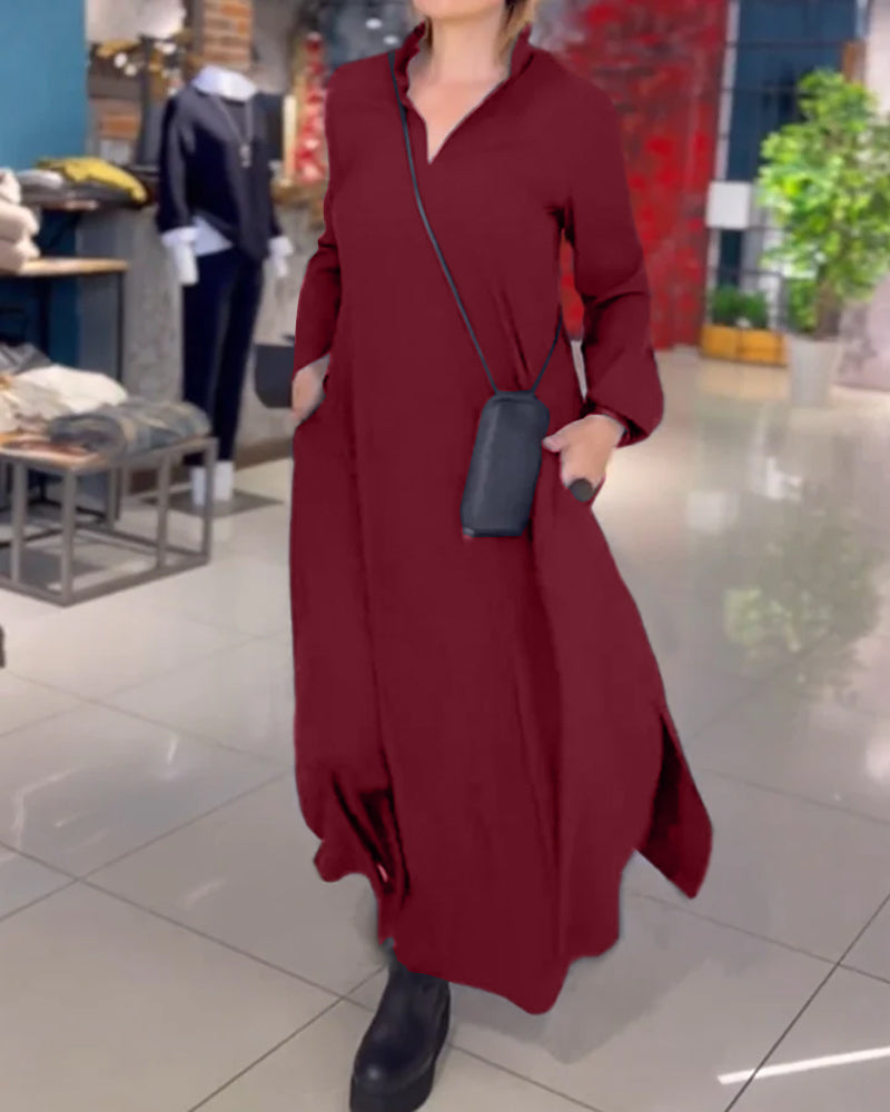Evia™ - Loose Long Dress with Lapel and Slit