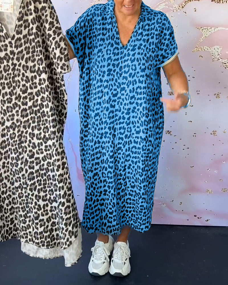 Short-Sleeved V-Neck Leopard Print Dress
