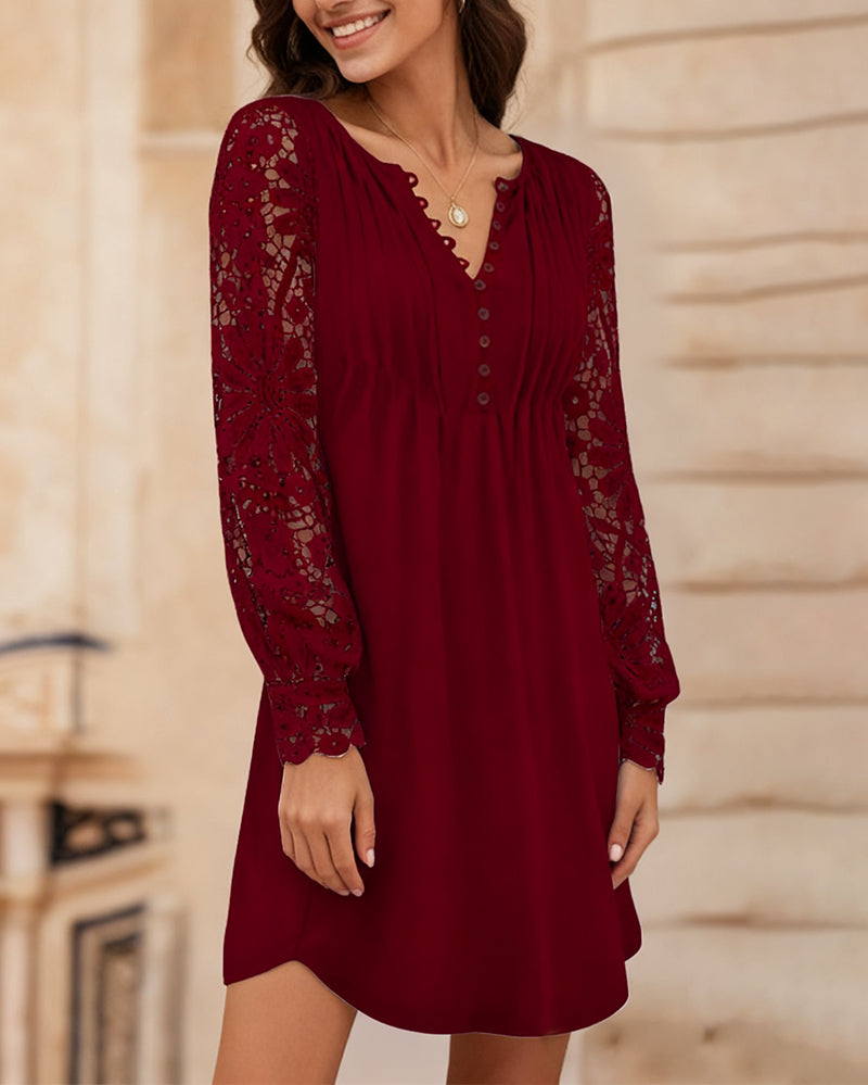 Solid Color Dress with Pleated and Patchwork Details