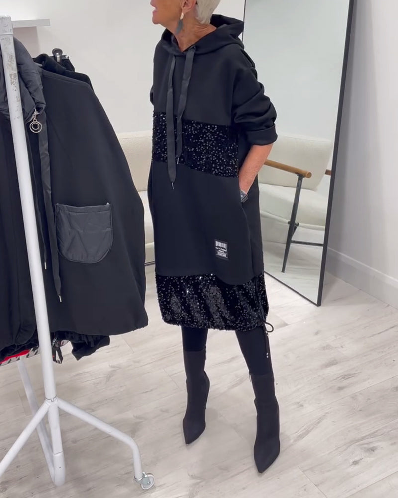 Trendy Hooded Dress with Patchwork