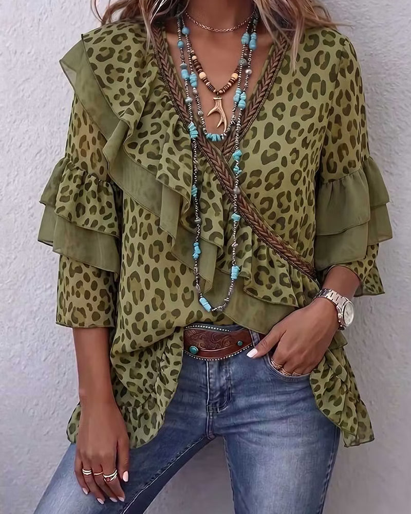 Blouse V-Neck Ruffle Leopard