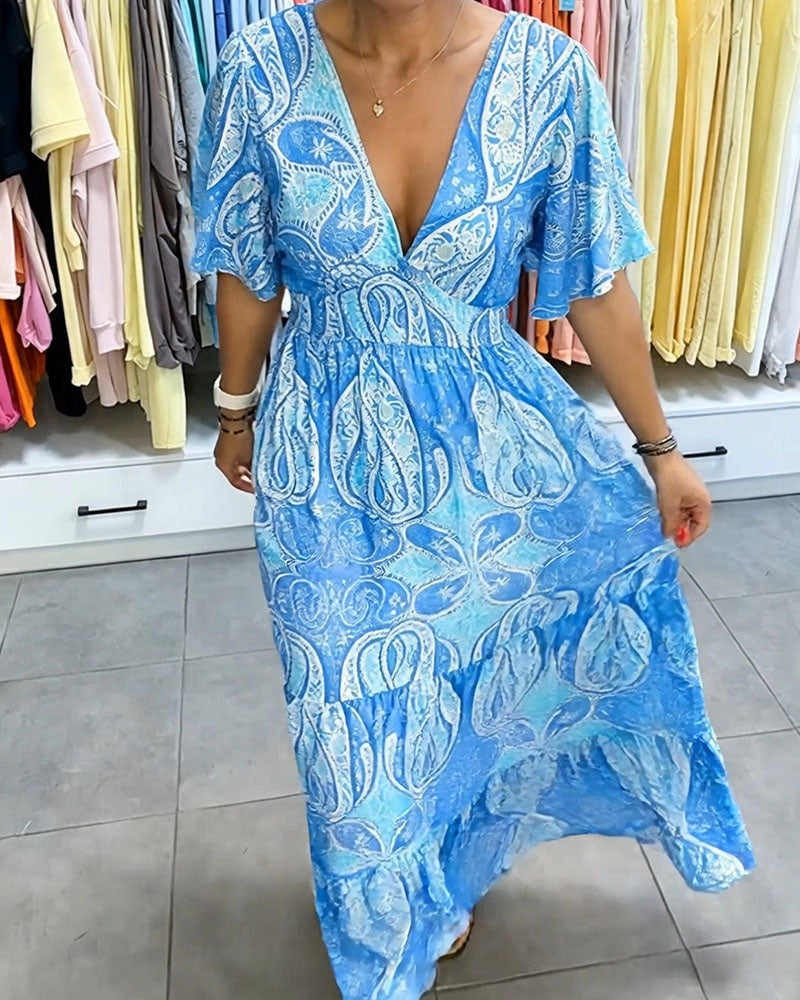 V-Neck Ruffled Printed Dress