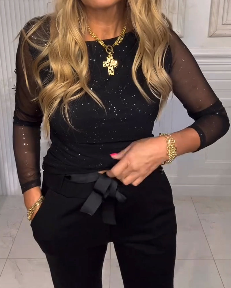 Long Sleeve Sequin and Patchwork Top