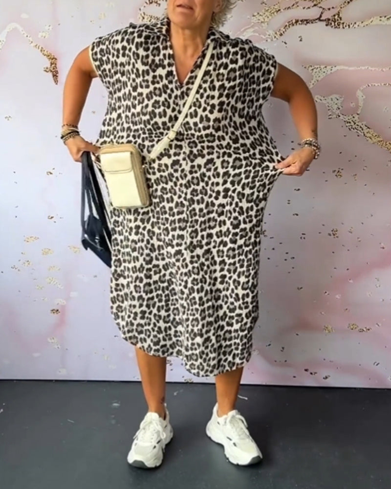 Short-Sleeved V-Neck Leopard Print Dress