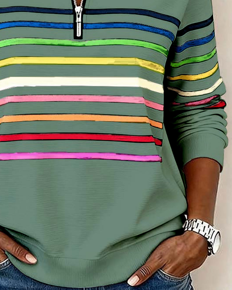 Mode Sweatshirt with Half Zip and Rainbow Stripes