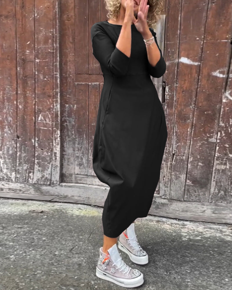 Simple Solid Color Long Sleeved Dress with Pockets