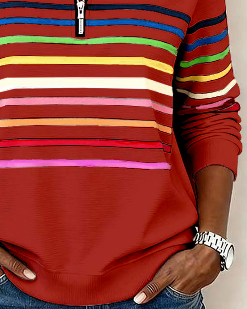 Mode Sweatshirt with Half Zip and Rainbow Stripes