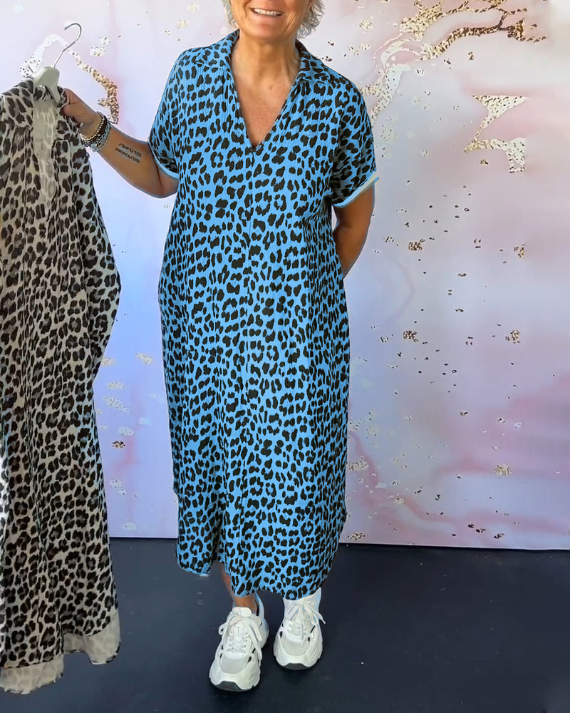 Short-Sleeved V-Neck Leopard Print Dress