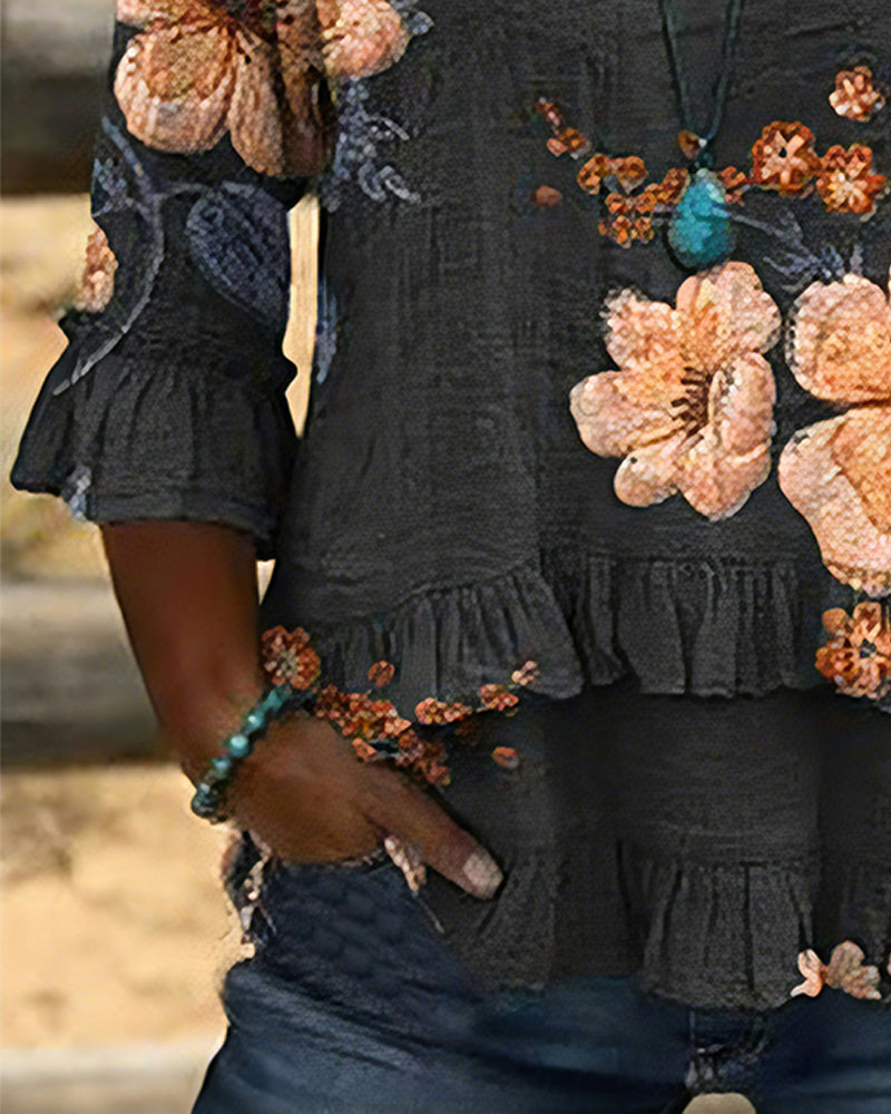 Vintage Floral V-Neck Blouse Loose Fit