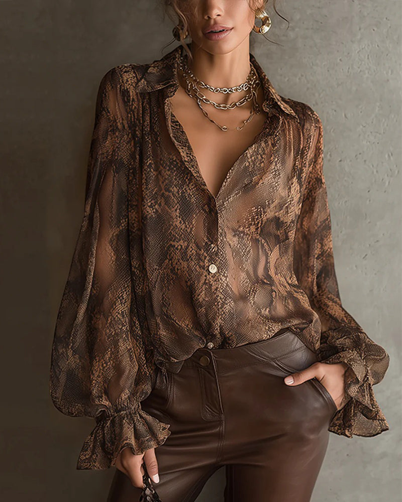 Trendy Ruffled Sleeve Printed Blouse