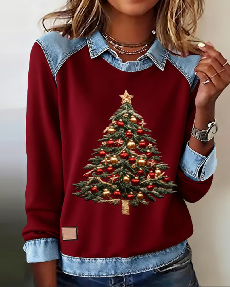 Sweatshirt in Denim with Patchwork Details and Christmas Print