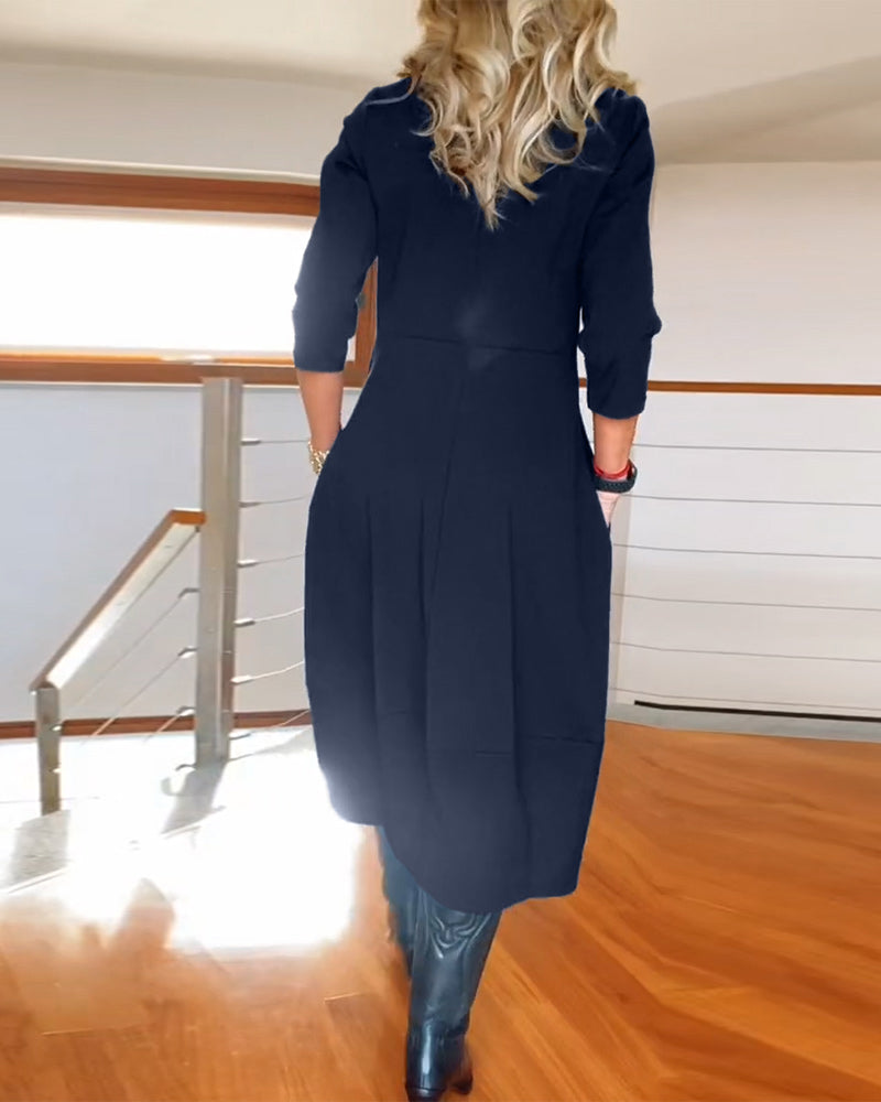 Elegant Solid Color Dress with Pocket and Round Collar