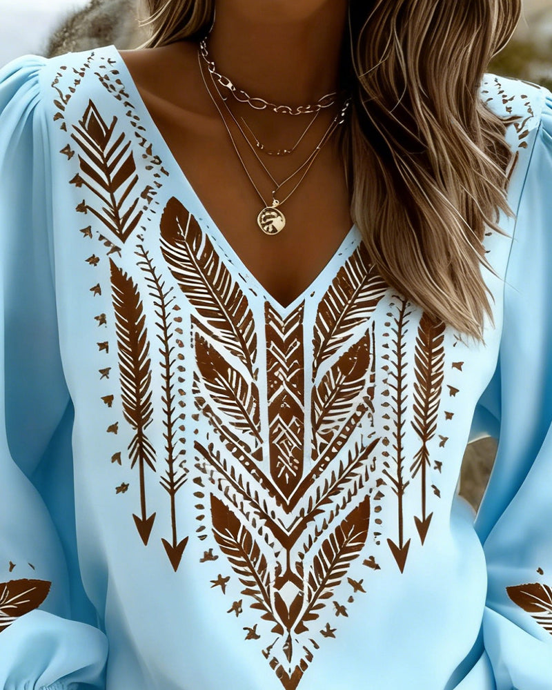Puff Sleeve V-Neck Blouse Loose Fit