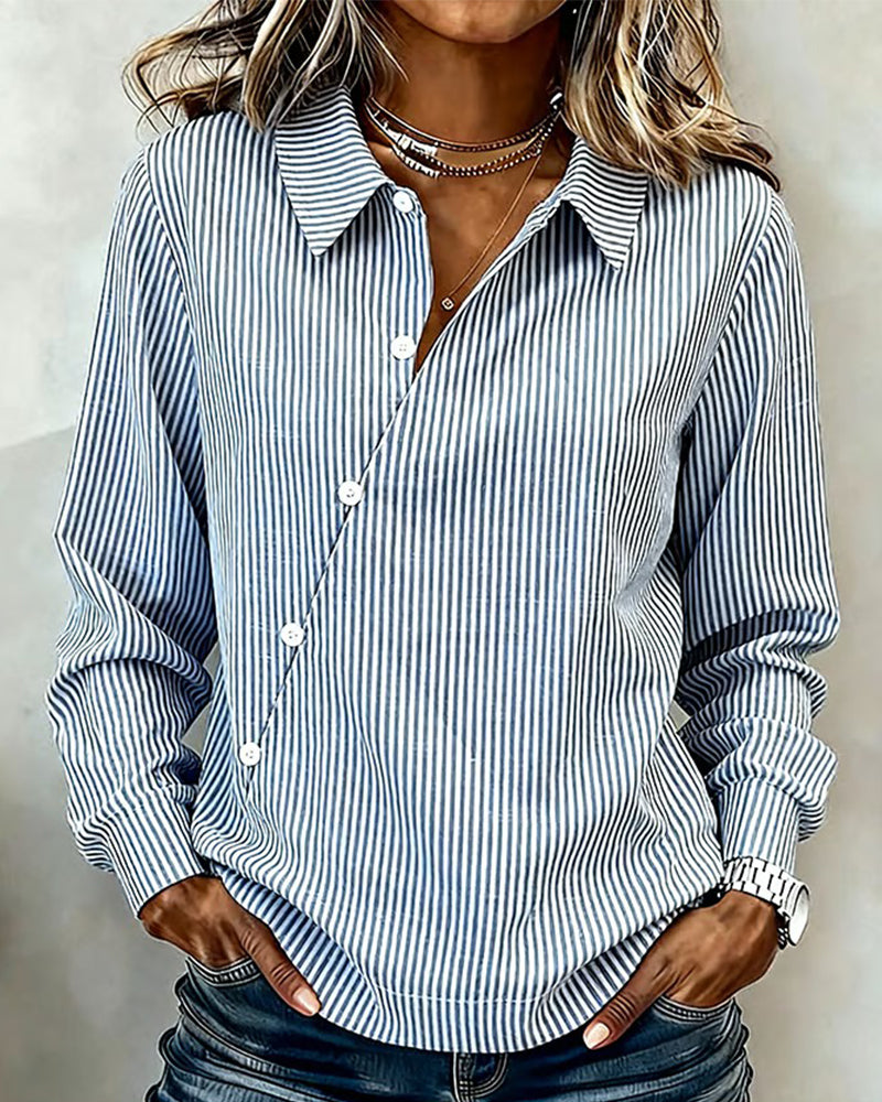 Asymmetrical Button Down Striped Blouse