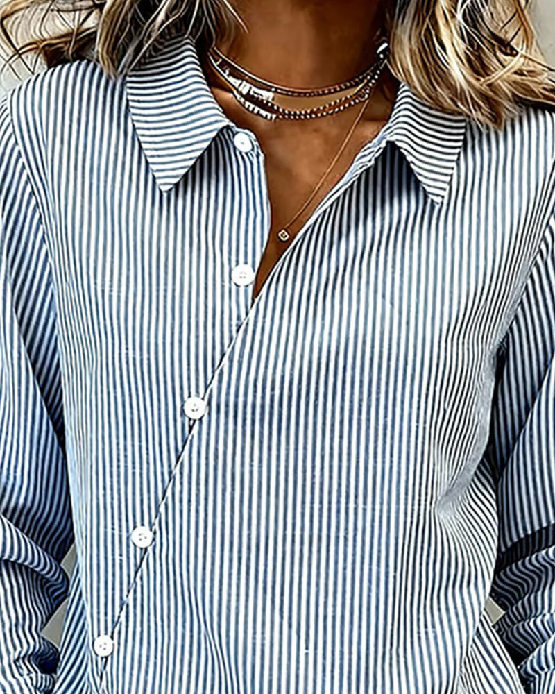 Asymmetrical Button Down Striped Blouse