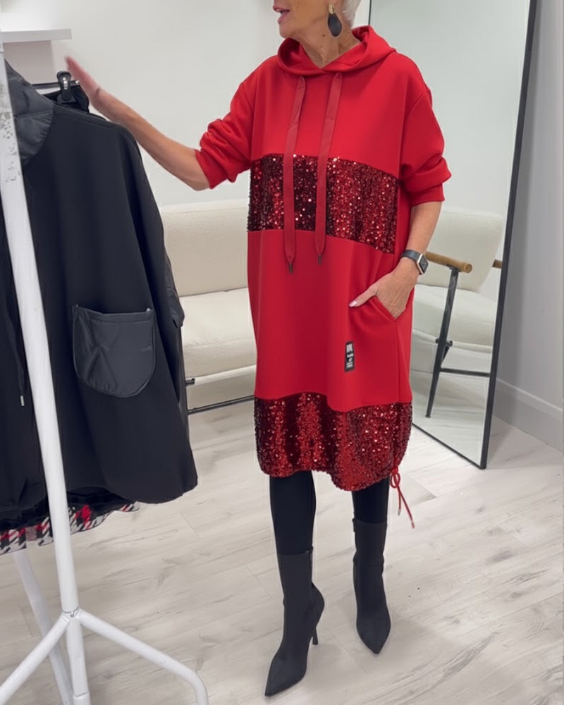 Trendy Hooded Dress with Patchwork