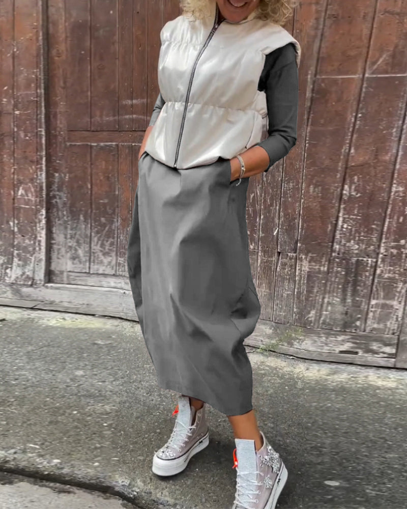 Simple Solid Color Long Sleeved Dress with Pockets